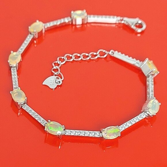 Natural Fire Opal Rainbow 6x4mm & Cz‎ 925 Sterling Silver Bracelet 7" - Picture 2 of 6